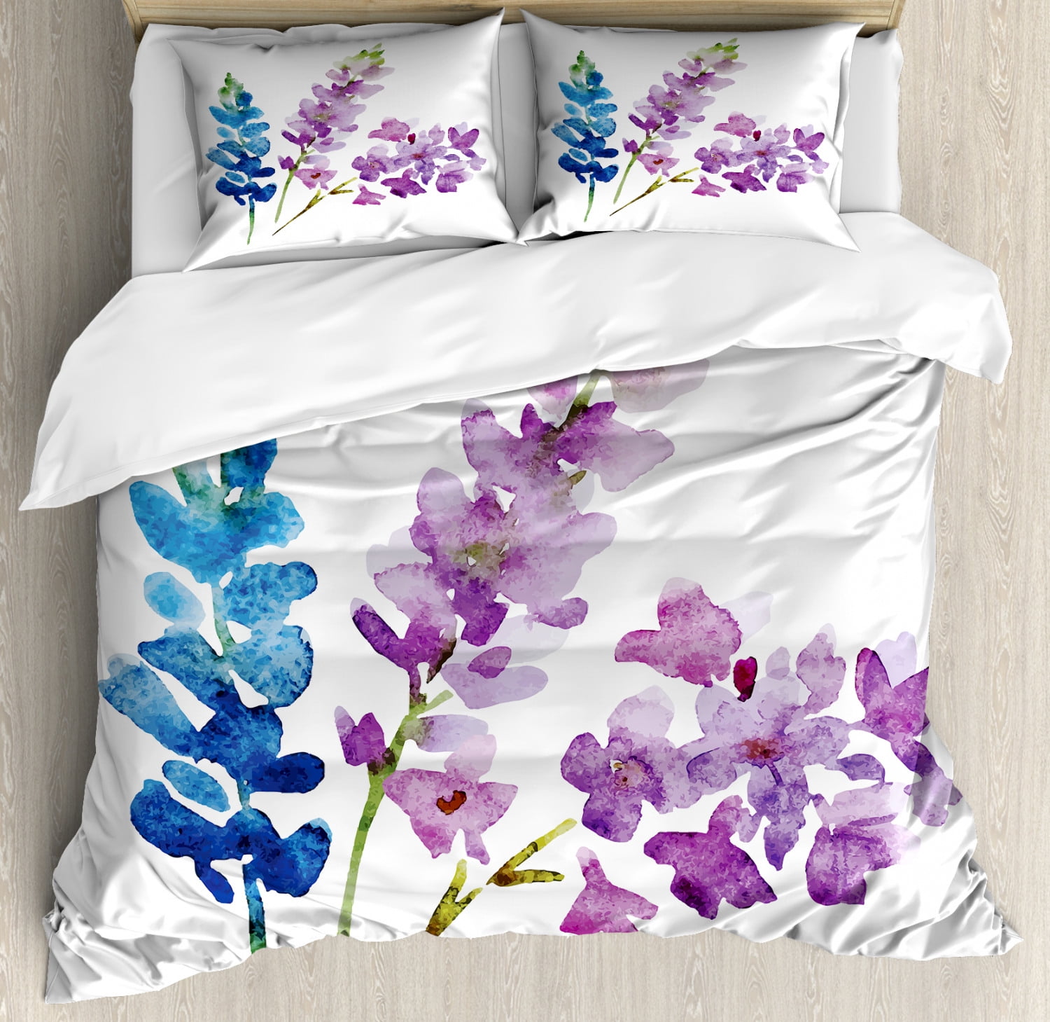 Decorative 3 Piece Bedding Set with 2 Pillow Shams Floral Patterned Illustration with Leaves and Wildflowers Abstract Botanical Violet Blue Queen Size Ambesonne Watercolor Duvet Cover Set