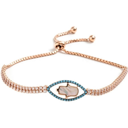 Pori Jewelers Turquoise CZ and Opal 18kt Rose Gold-Plated Sterling Silver Evil Eye Hamsa Friendship Bolo Adjustable Bracelet
