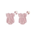 thumbnail image 2 of BemeyourBBs Newborn Baby Girl Summer Clothes Smocked Bubble Romper Cotton Linen Outfits Cherry Floral Print Crew Neck Flying Sleeve Bodysuit and Bow Headband 2 Pcs Set, 2 of 9