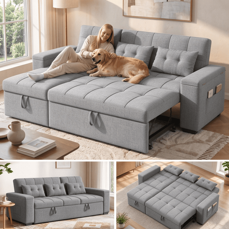 Noelse 87" Queen Sleeper Sofa, 3-in-1 Pull-Out Bed with Storage photo 1