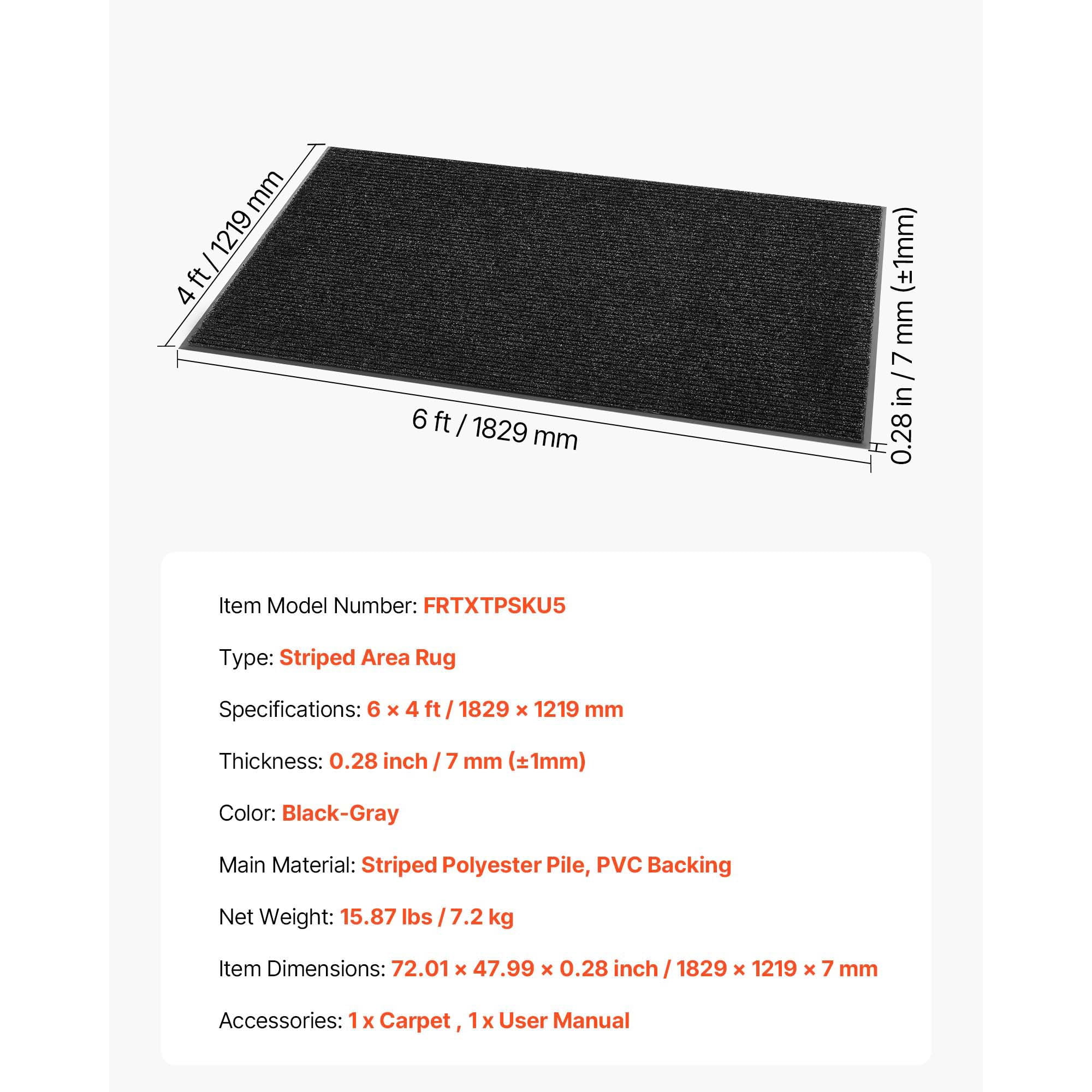 KFFKFF Durable Front Door Mat, 6 x 4 ft Industrial Floor Mat for Indoor and Outdoor Use, Stylish Striped Carpet with PVC Backing, Heavy-Duty Washable Entry Rug for Hallway, Balcony, Garage, Grey