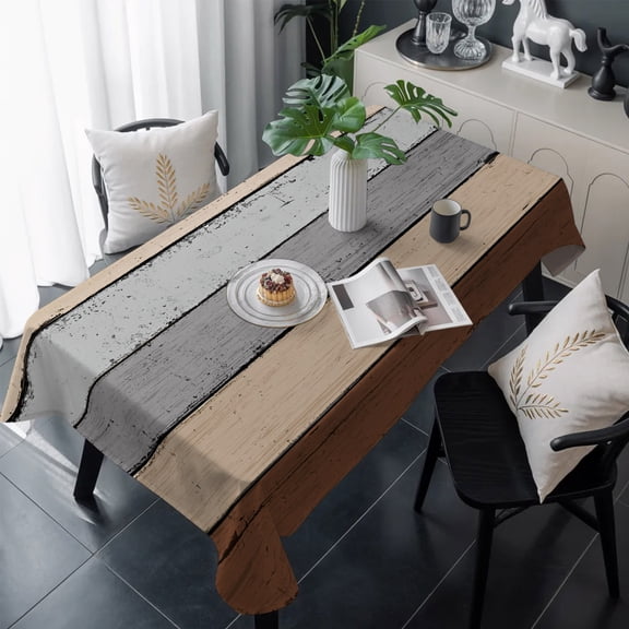 Brown Grey Table Cloth Waterproof Tablecloths, Vintage Stripe Farmhouse Wood Grain Ombre Tablecloth Dining Table Cover for Kitchen Party Tabletop Outdoor, Rectangle Tablecloth 60x120 Inch