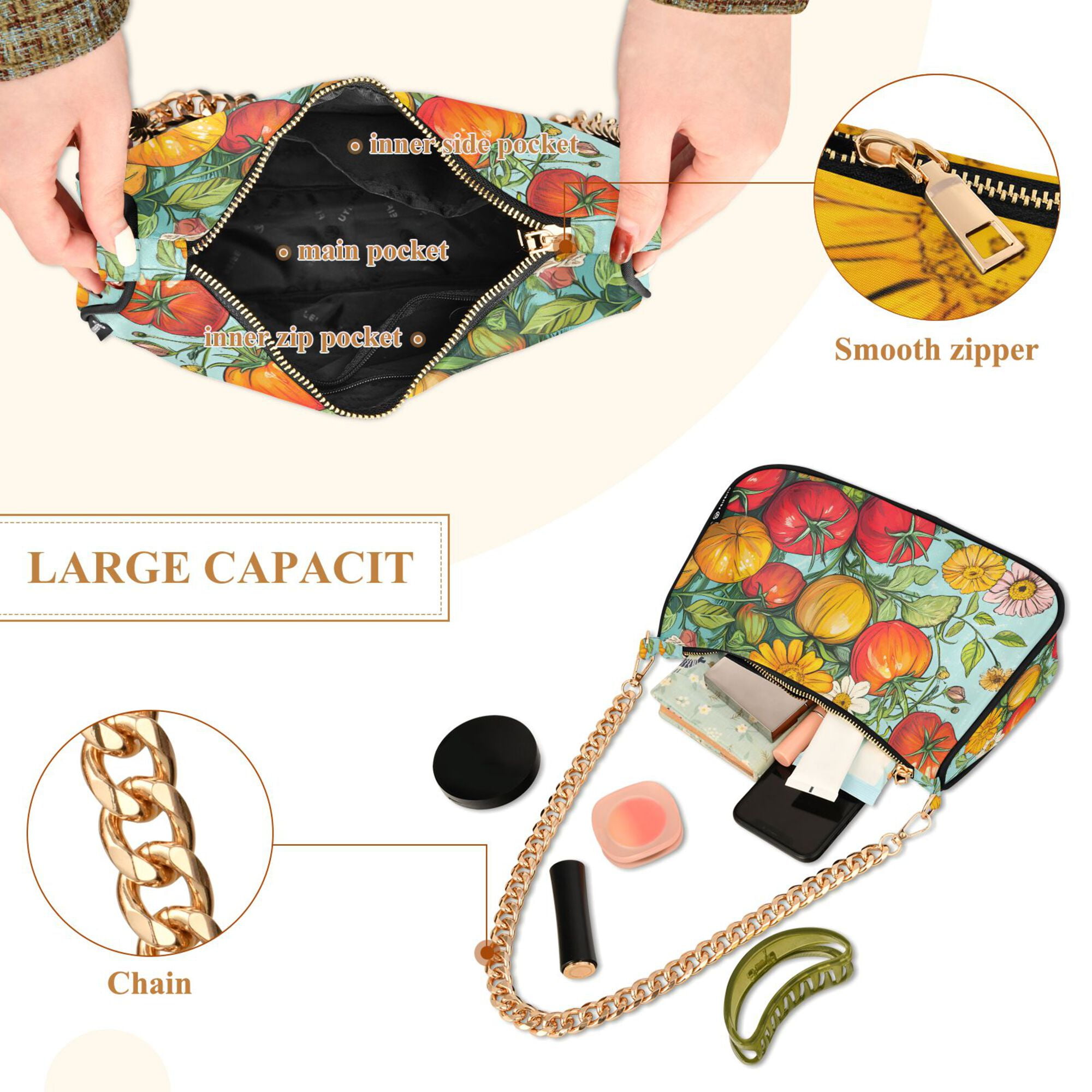 FORMRS Womens Shoulder Bag with Chain Strap Clutch Purse Cute Tote Handbag, Vibrant Tomatoes