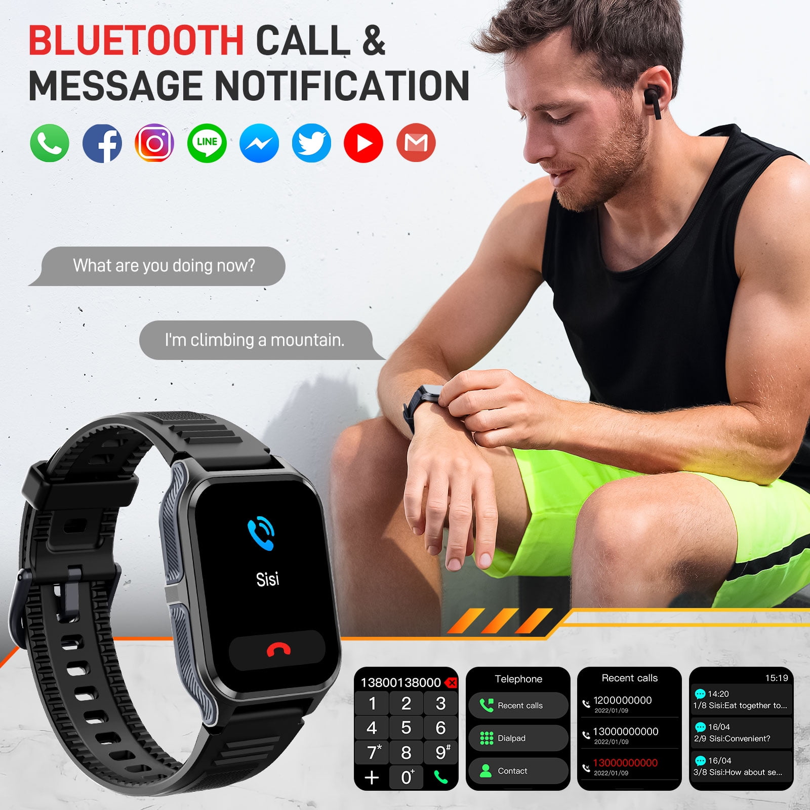 XAXRE Smart Watch For Men, 1.83'' HD Rugged Smartwatch with Bluetooth Calls, 3ATM Waterproof 100+ Sport Modes Outdoor Fitness Tracker for iPhone Android