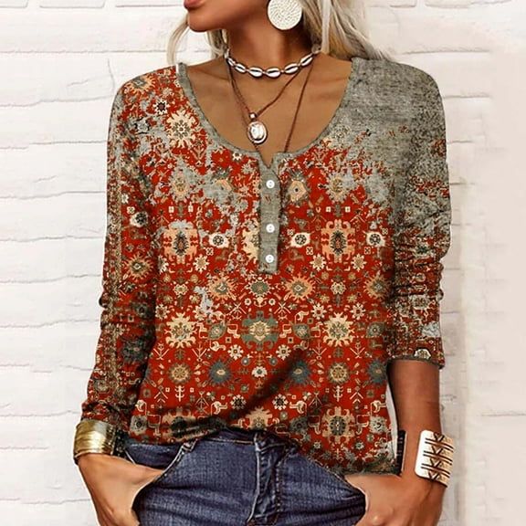 LEAVINGSUO Long Sleeve Shirts for Women, Fall Womens Tops Fashion Women's Round-Neck Button Long Sleeve Print Casual T- Shirt Blouse Tops Red XXXL