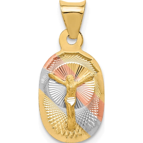 14K Yellow & Rhodium With Rose And White D/C Corpus Oval Pendant (20.5 X 9.5) Made In Mexico k5615