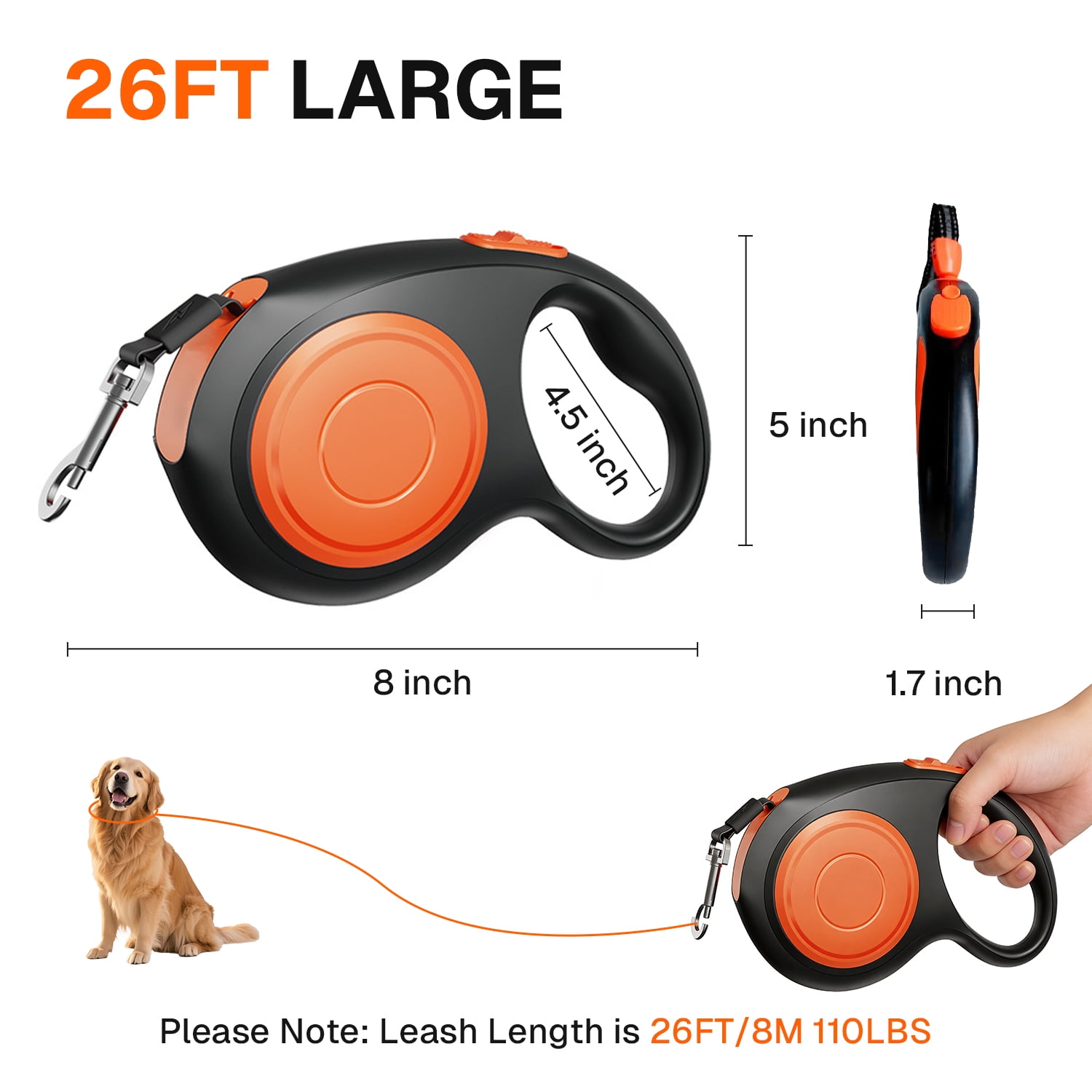 Behome 26Ft Retractable Dog Leash,Walking Leash for Large Dogs/Cats Up to 110lbs,Luminous Spring Strong Nylon Tape, 360° Tangle Free,One-Handed Brake