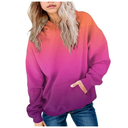 CAICJ98 Cute Hoodies for Teen Girls Trendy Preppy Hooded Sweatshirts Oversized Long Sleeve Shirts Gradient Fall Winter Clothes for Girls Hot Pink 5-6 Years
