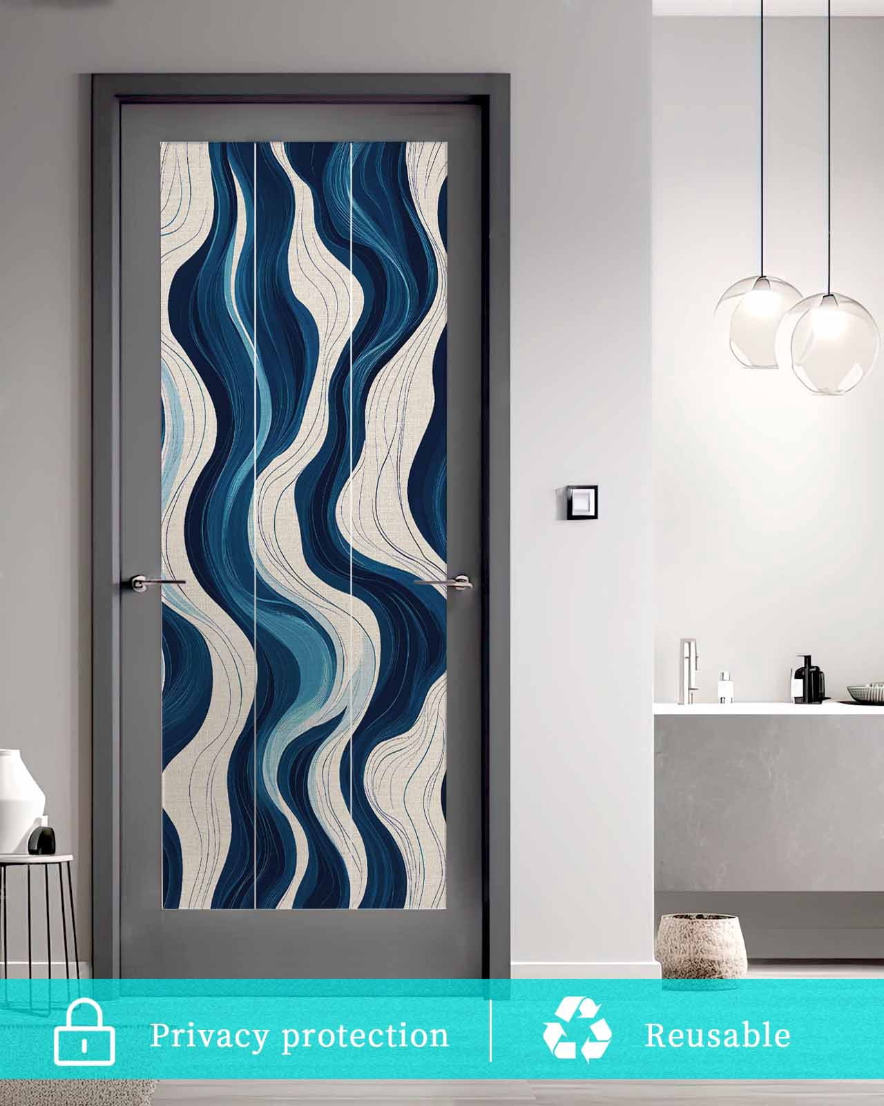Window Privacy Film Geometric Blue Stained Glass Window Film Decorative Sun Block Window Cover Vintage White Stripe Coastal Sea Wave Window Clings Static Adhesive Sticker for Bathroom 35.4"x78.7"