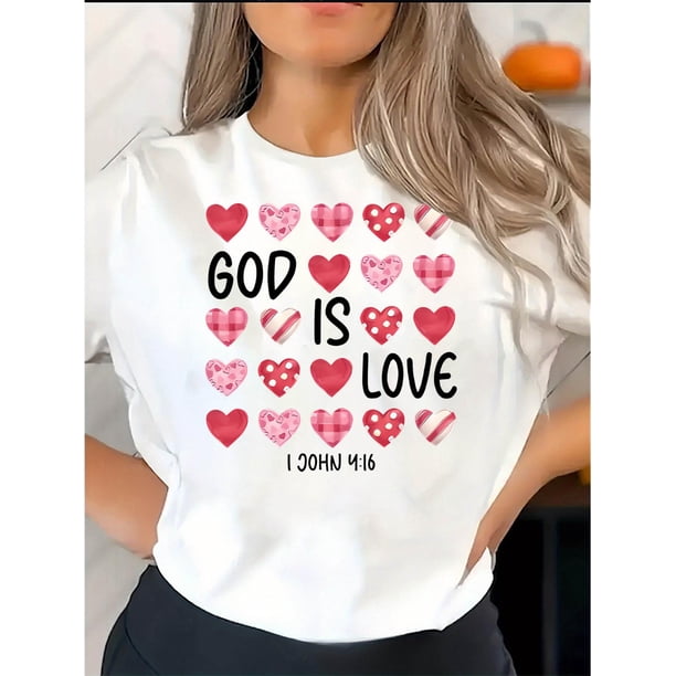 Women's Inspirational Love Graphic T-Shirt - White with Pink Hearts and Mushrooms, Comfortable Polyester Blend, Casual Round Neck Short Sleeve, Perfect for Casual Attire
