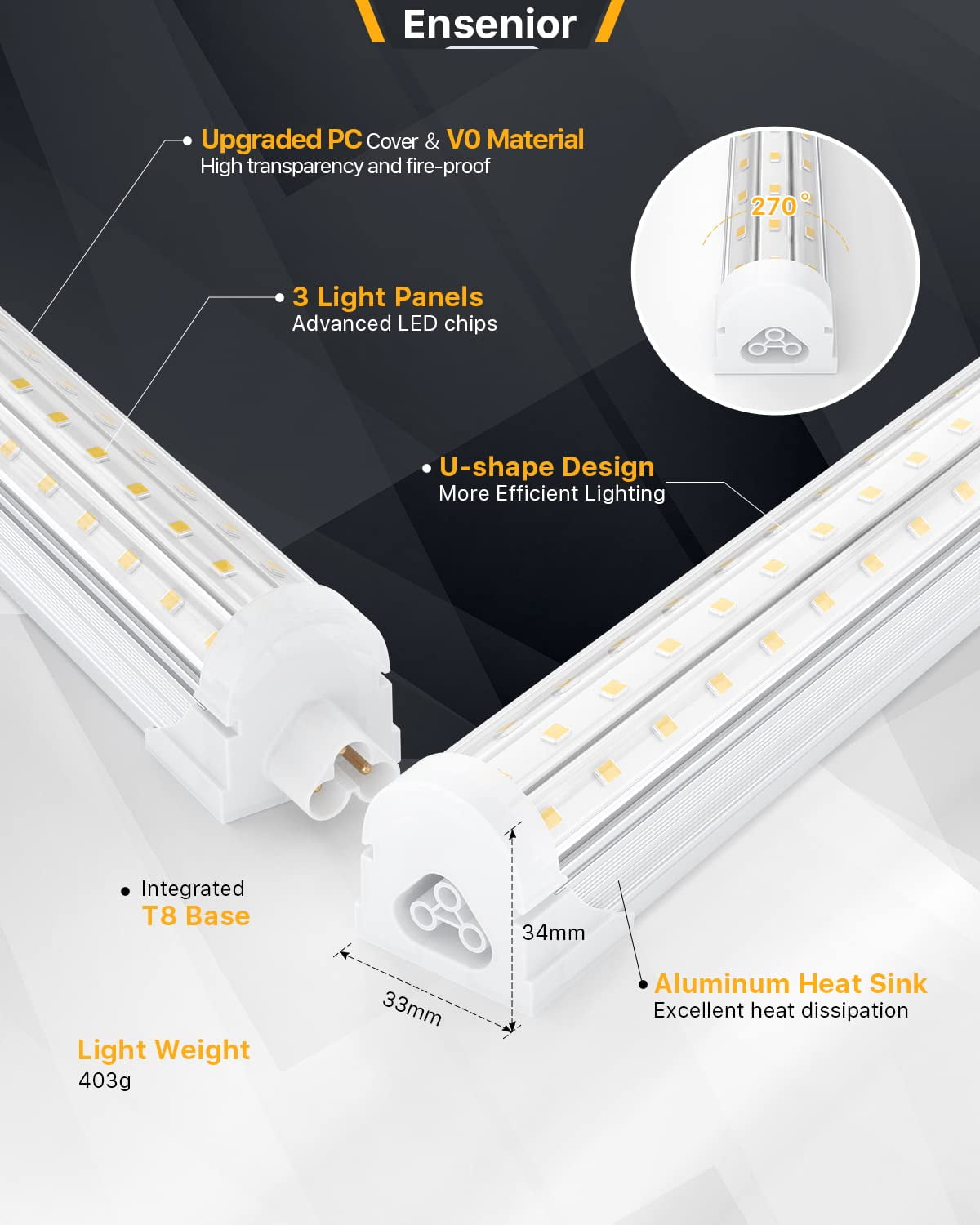 Ensenior 6 Pack 4 FT Led Shop Lights, 6000K Clear White, 5000LM Super Bright, 36W Equivalency 468W, Commercial Bay Lighting, U-Shaped Linkable Shop Lights Plug in for Garage, Workshop, FCC Certified