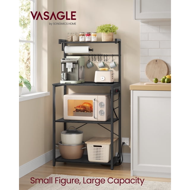 4-Tier Kitchen Bakers Rack with Adjustable Shelf & Power Outlet, 55.1" Tall Microwave Stand with 8 S-Hooks, Charcoal Grey and Ink Black