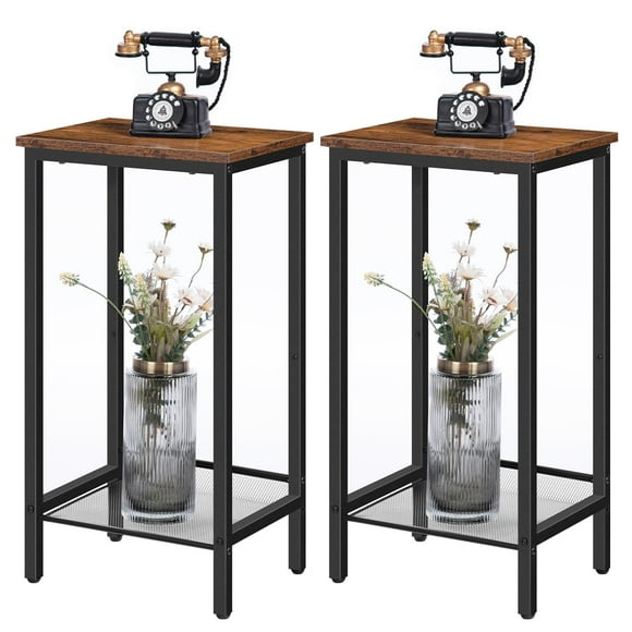 HOOBRO Tall Side Tables Set of 2, Industrial End Telephone Tables with Adjustable Mesh Shelf, Small Entryway Tables, Laptop Tables for Office, Hallway, Living Room, Rustic Brown and Black BF03DHP201