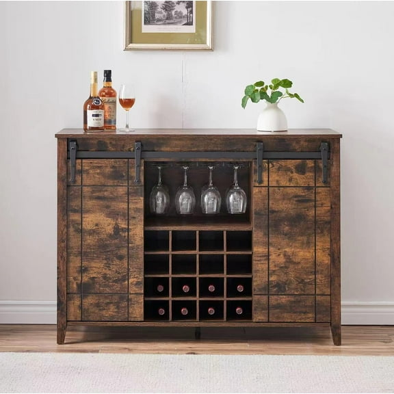 Farmhouse Coffee Bar Buffet Cabinet, 47" Wine Bar Cabinet with Sliding Barn Door, 16 Bottle Wine Racks