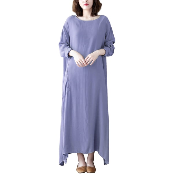 Vestido suelto de mujer Vestido maxi con bolsillo Manga larga Cuello redondo Vestido casual sól Abanopi Vestido