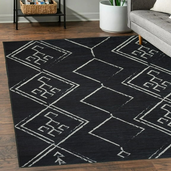 Playa Rug Machine Washable Area Rug With Non Slip Backing - Stain Resistant - Eco Friendly - Family and Pet Friendly - Aspen Tribal Moroccan Bohemian Black&Creme Design 8'x10'
