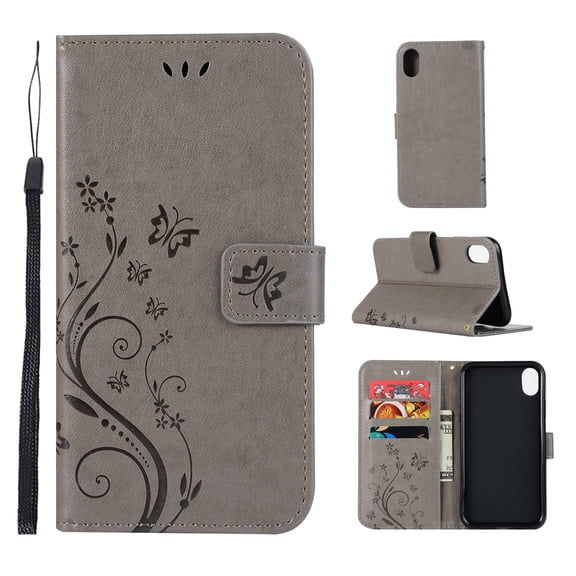 iPhone XR Case, iPhone XR 2018 Case - Allytech Premium Wallet PU Leather with Fashion Embossed Flower Magnetic Clasp Card Holders Flip Cover with Hand Strap, Gray