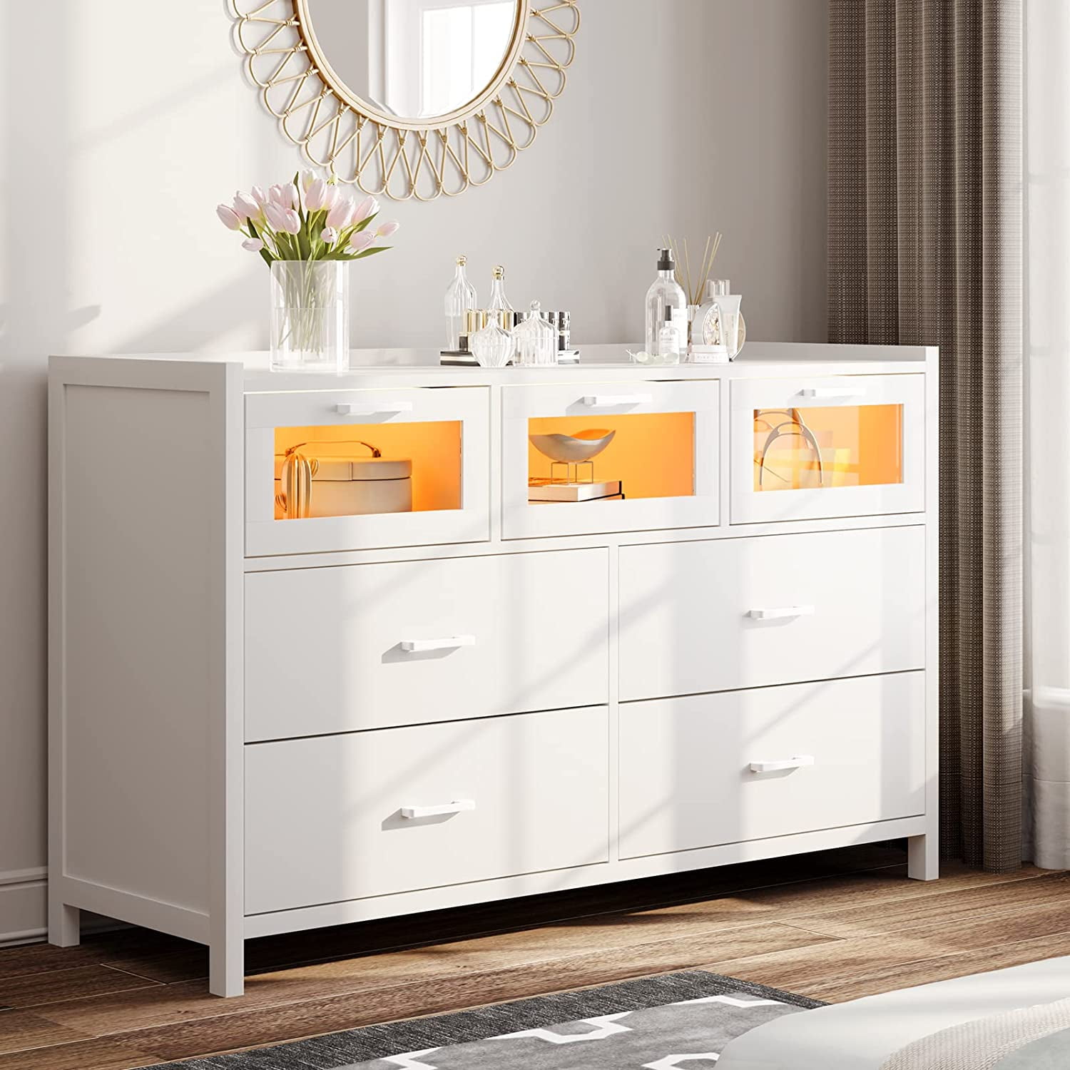 White Dresser Chest with 7 Drawers for Bedroom, LED Chest of Drawers
