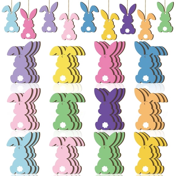 Dalrosia Easter Wooden Hanging Decor 12 Color Rabbit Embellishments for Tree Wood Bunny Tags Rabbit Shape Cutouts with String for Party Wall Gift