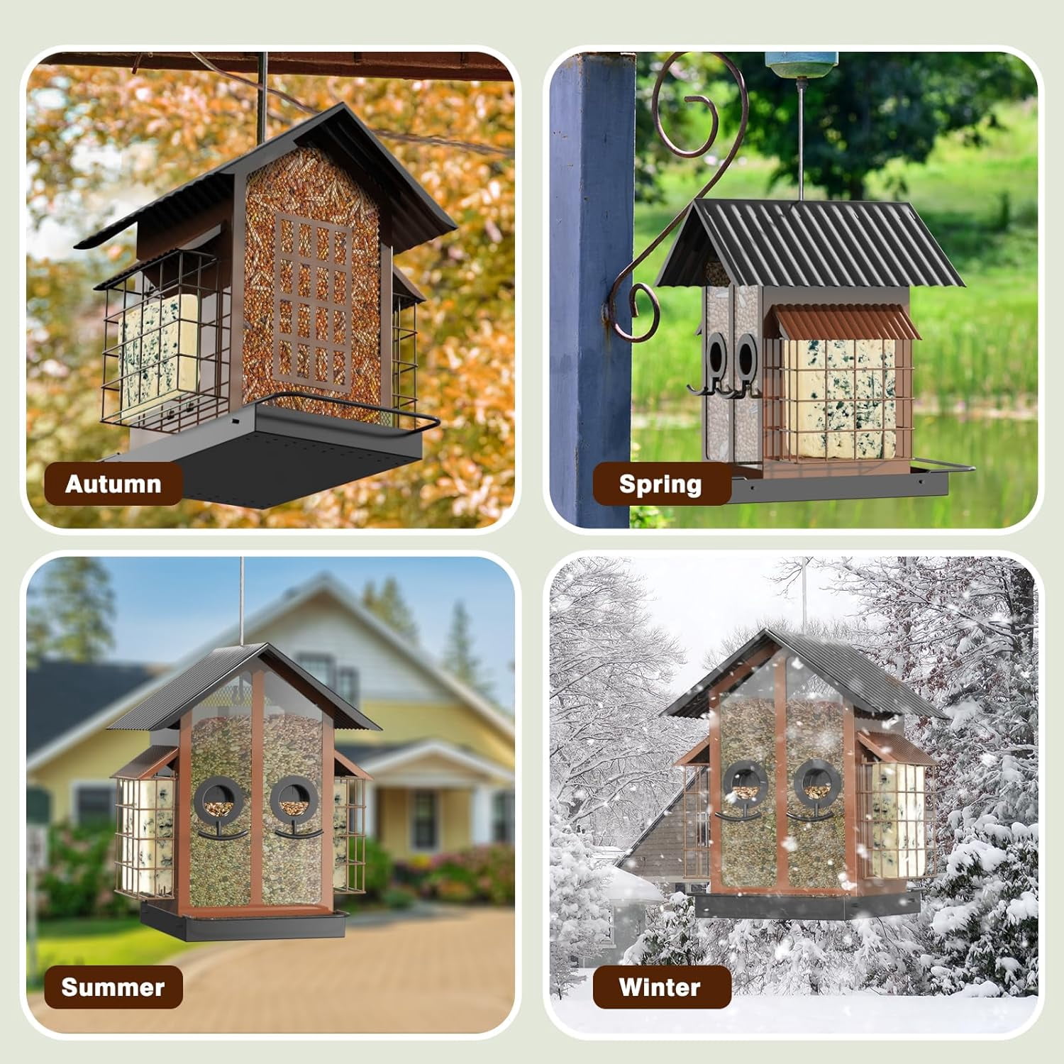 Bird Feeders for Outdoors, Metal Bird Feeder with Double Suet Cage Weatherproof Metal Roof, 2 in 1 Mixed Seeds Suet Feeder, 4Lbs Large Capacity, Great for Finch、Cardinal、Chickadee（Green）