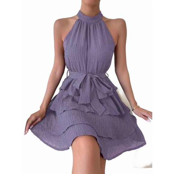 Women'S Tie Sleeveless Ruffle Hem Dress Patchwork Design Summer Chic Beach Party Gown M