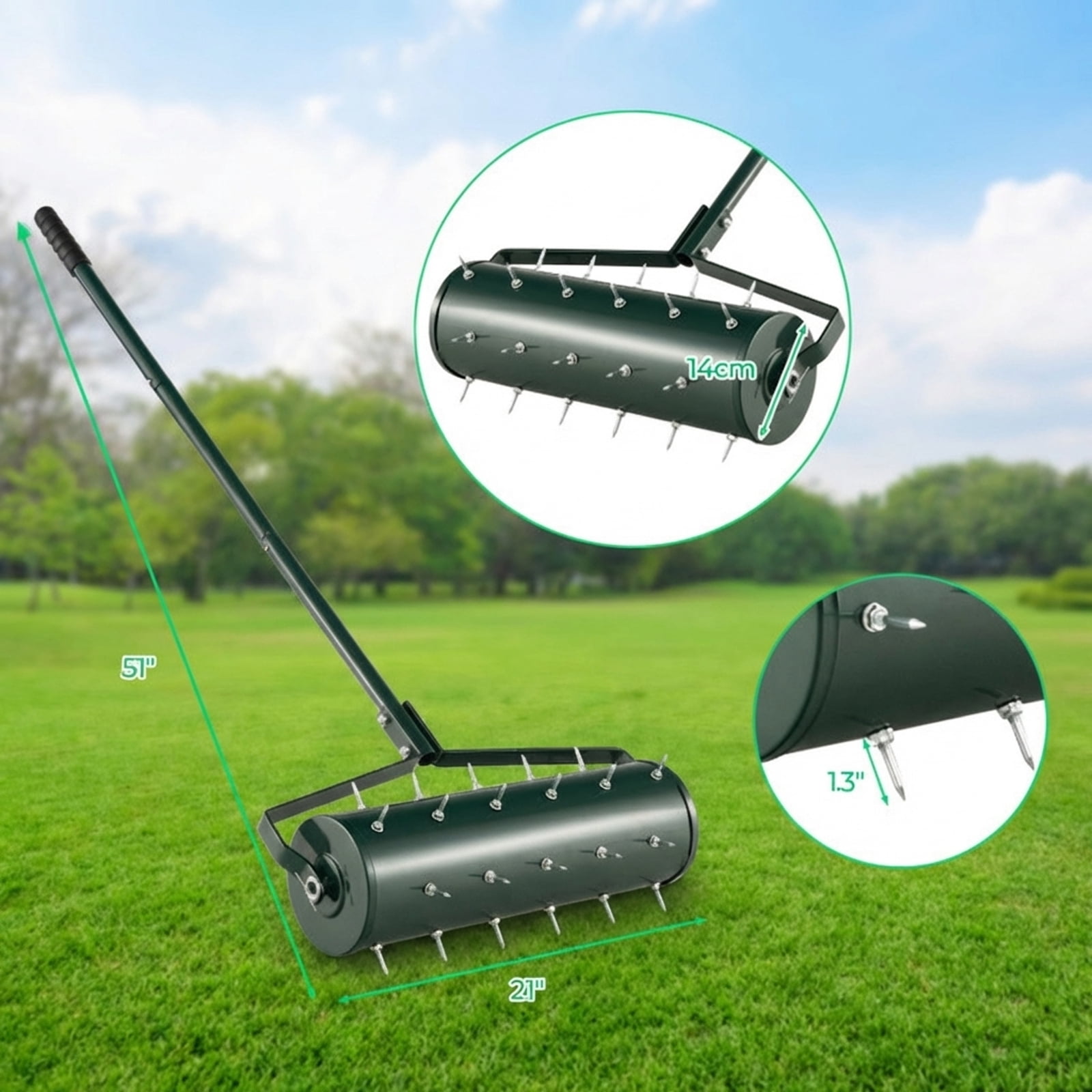 Biotree 18/21 Inch Manual Lawn Aerator with Detachable Handle Filled with Sand or Stone-21 inches Green