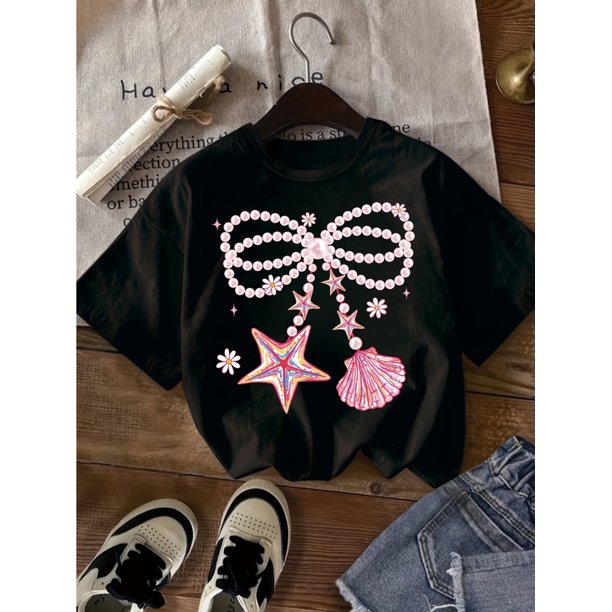 Sweet girl T-shirt, fashionable printed T-shirt with pearl bow and starfish shell pattern, soft, elastic and comfortable round neck short sleeved T-shirt