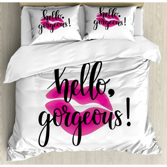 Hello Gorgeous Queen Size Duvet Cover Set, Modern Motivational Saying with Lipstick Symbol for Ladies Girls, Decorative 3 Piece Bedding Set with 2 Pillow Shams, Black White and Pink, by Ambesonne