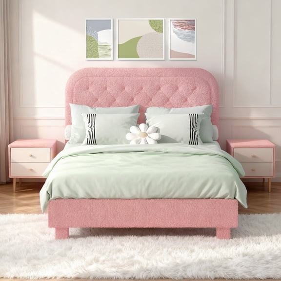 Zimtown Full Platform Upholstered Bed Frame with Soft Headboard, Wooden Mattress Foundation, Pink