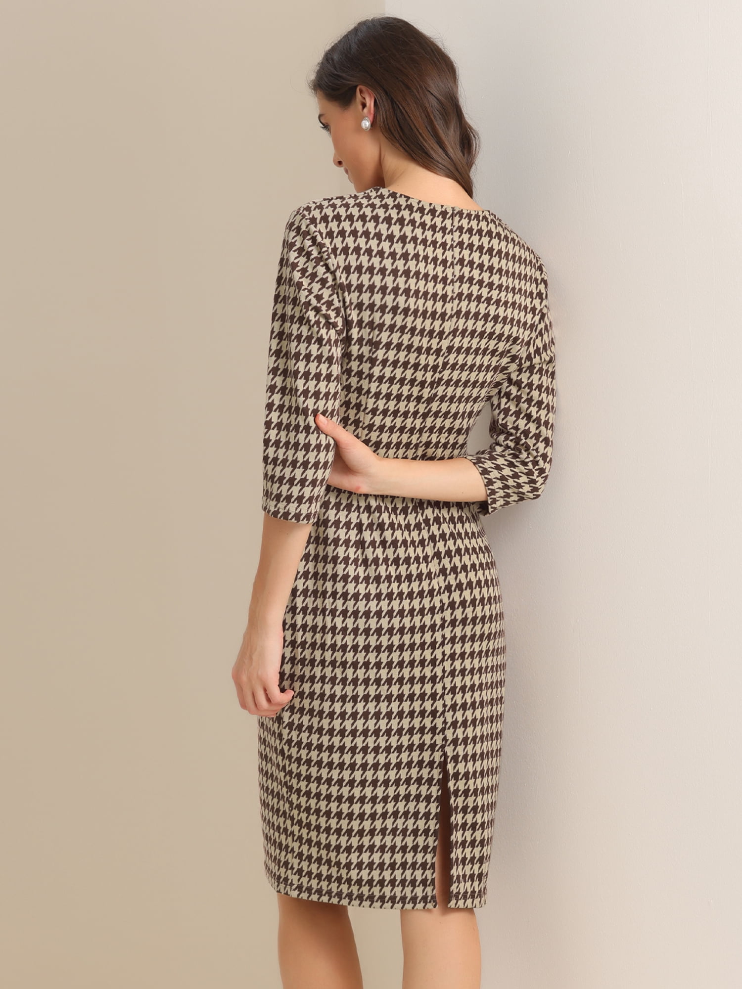 DARING DIVA Vintage Houndstooth 3/4 Sleeve Bodycon Dress S Brown