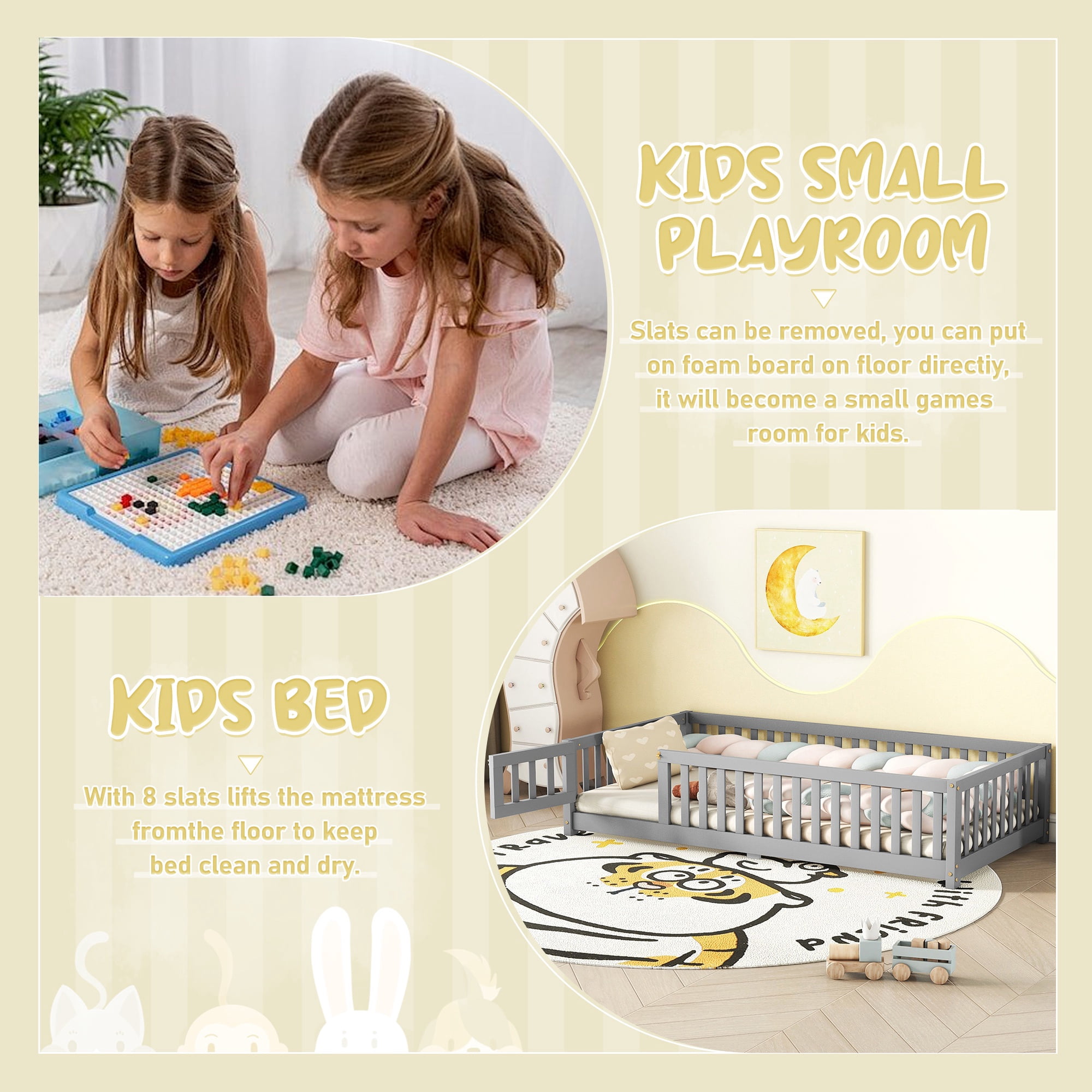 Floor Bed with Safety Rails & Fun Door, Low Profile Bed, Gray Solid Pine Wood, Easy Assembly,Twin Size