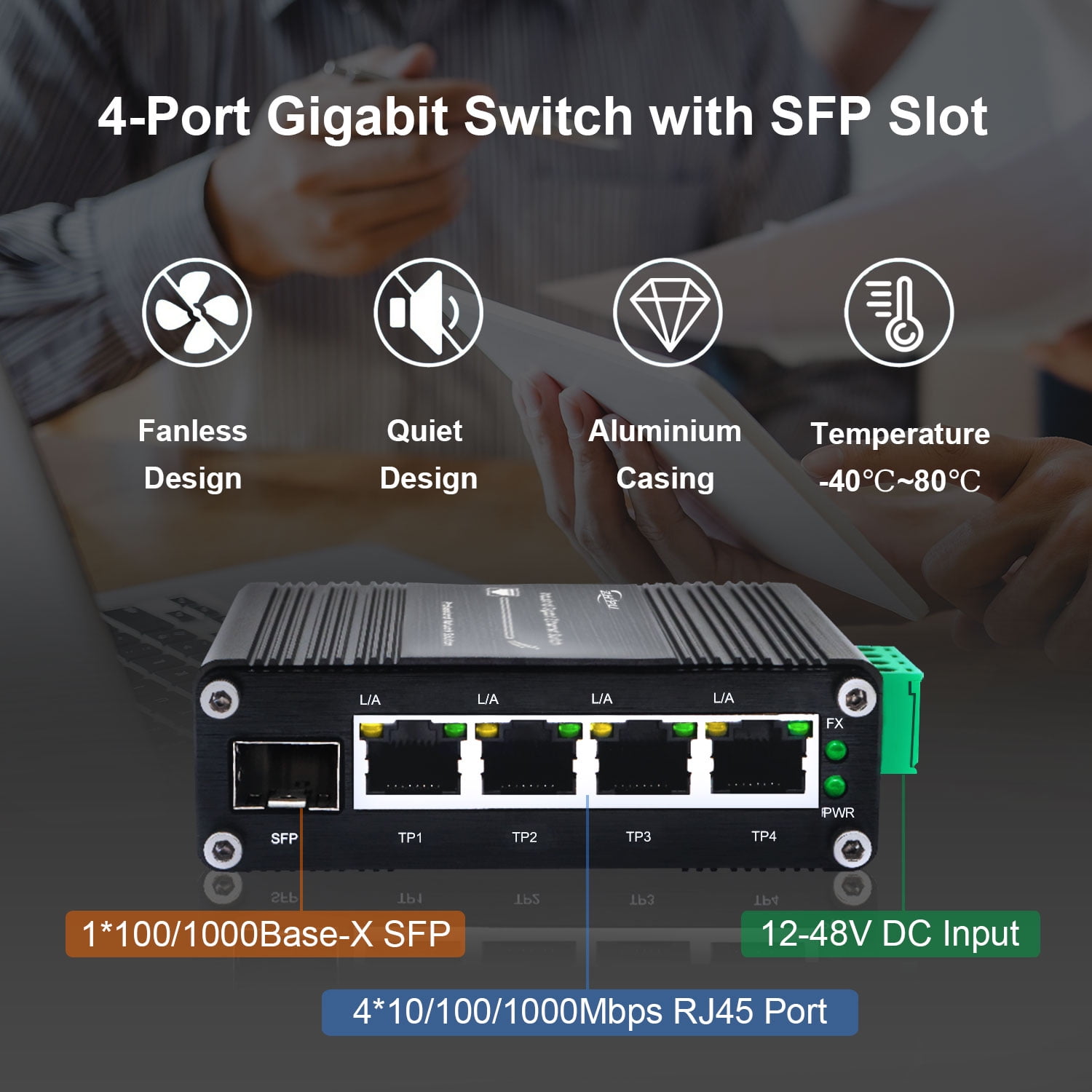 Industrial 4-Port 10/100/1000Mbps Gigabit Switch with SFP Slot, 5-Port Ethernet Switch Supporting Din-Rail, 10 Gbps Switching Capacity, Plug & Play