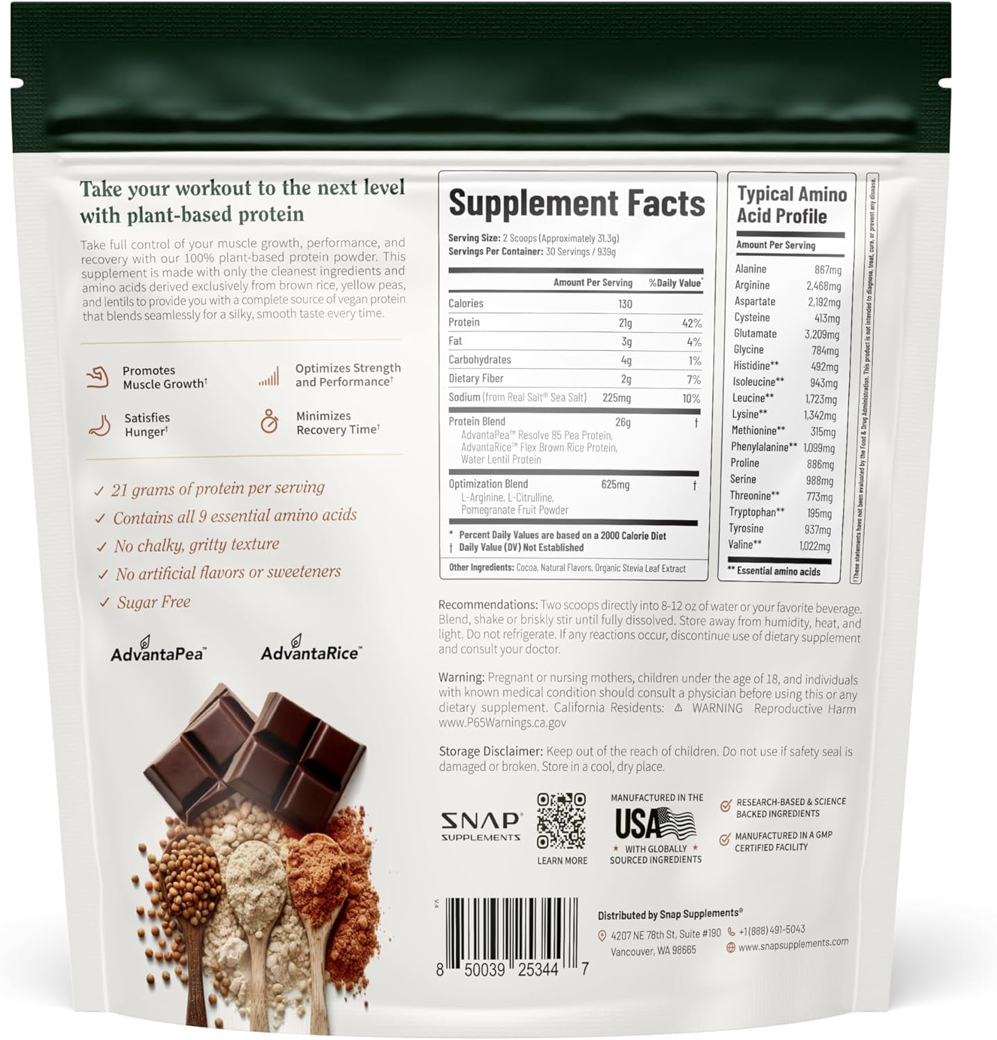 Snap Vegan 21g Protein Powder, Plant Based, Chocolate 30 Servings