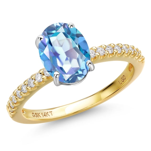 Gem Stone King 14K Two Tone Gold Millennium Blue Mystic Quartz and Lab Grown Diamond Engagement Ring for Women | 1.96 Cttw | Oval 9X7MM | Gemstone Birthstone | Size 9