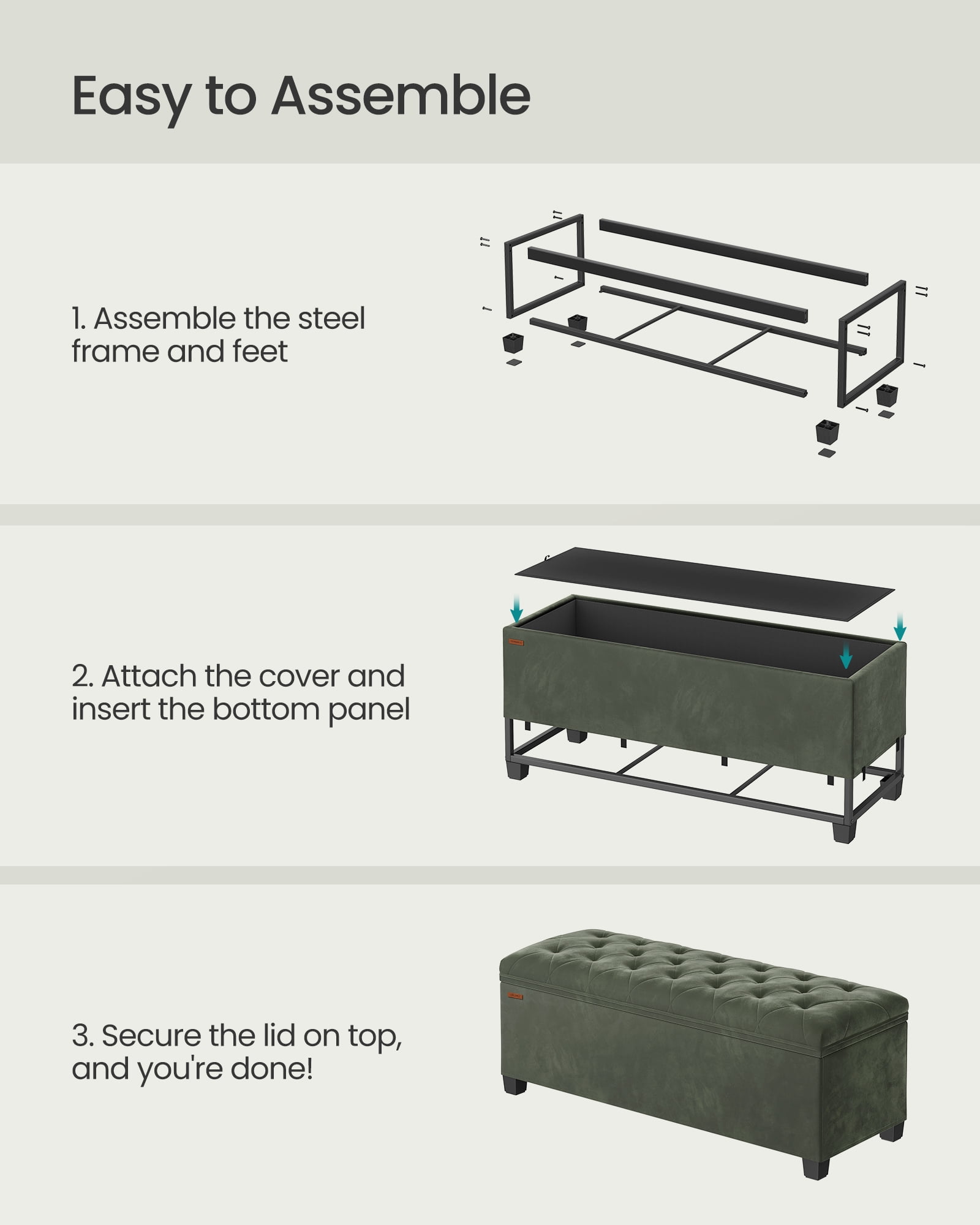 SONGMICS 43" Storage Ottoman Bench Foot Rest with Legs End of Bed Bench Storage Chest Load up to 660 lb for Living Room Bedroom Forest Green