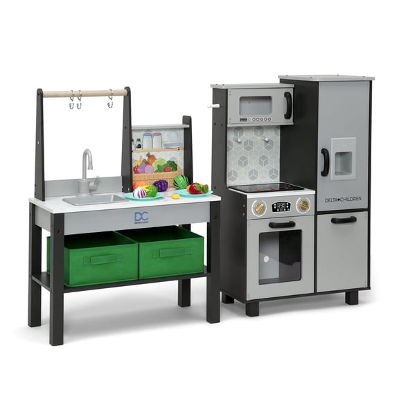 Delta Children Wooden Play Kitchen Playset with Lights, Oven, Sink, Refrigerator & Ice Maker, 20-Piece Kitchen Accessories, Grey