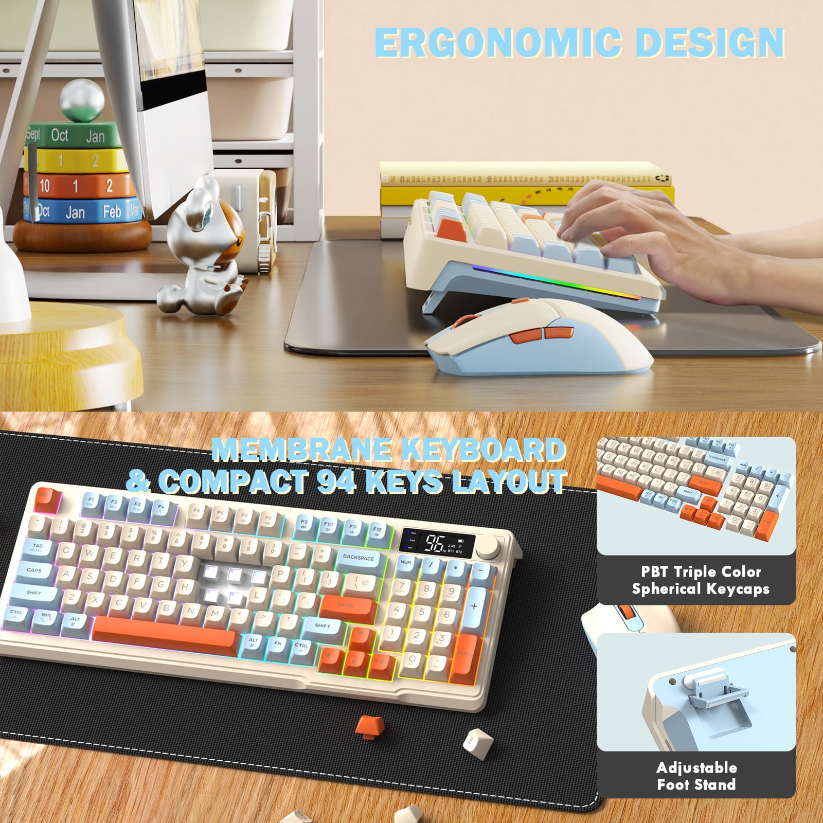 ZIYOU LANG T96 Wireless Gaming Keyboard and Mouse Combo, Dual Bluetooth//2.4G RGB Backlit Mechanical Feeling Keyboard with Smart Display & Knob, 4000 DPI Gaming Mouse for PC Laptop Mac Wins