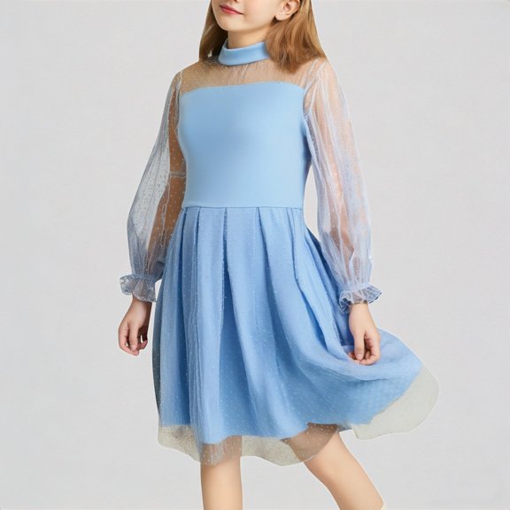 REDARER Girls' Neck Dress with Sheer Dot Mesh Long Sleeves & Flowy Skirt Formal Party Dress,10-12 Years