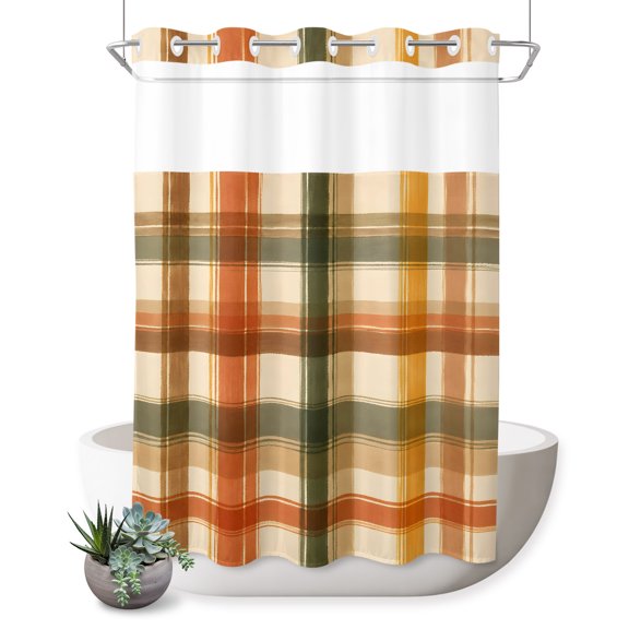 No Hook Shower Curtain, Orange Green Checked Shower Curtains for Bathroom with See Through Top Window, Fall Thanksgiving Buffalo Plaid Waterproof & Washable Bath Curtain Extra Long 72"x84"