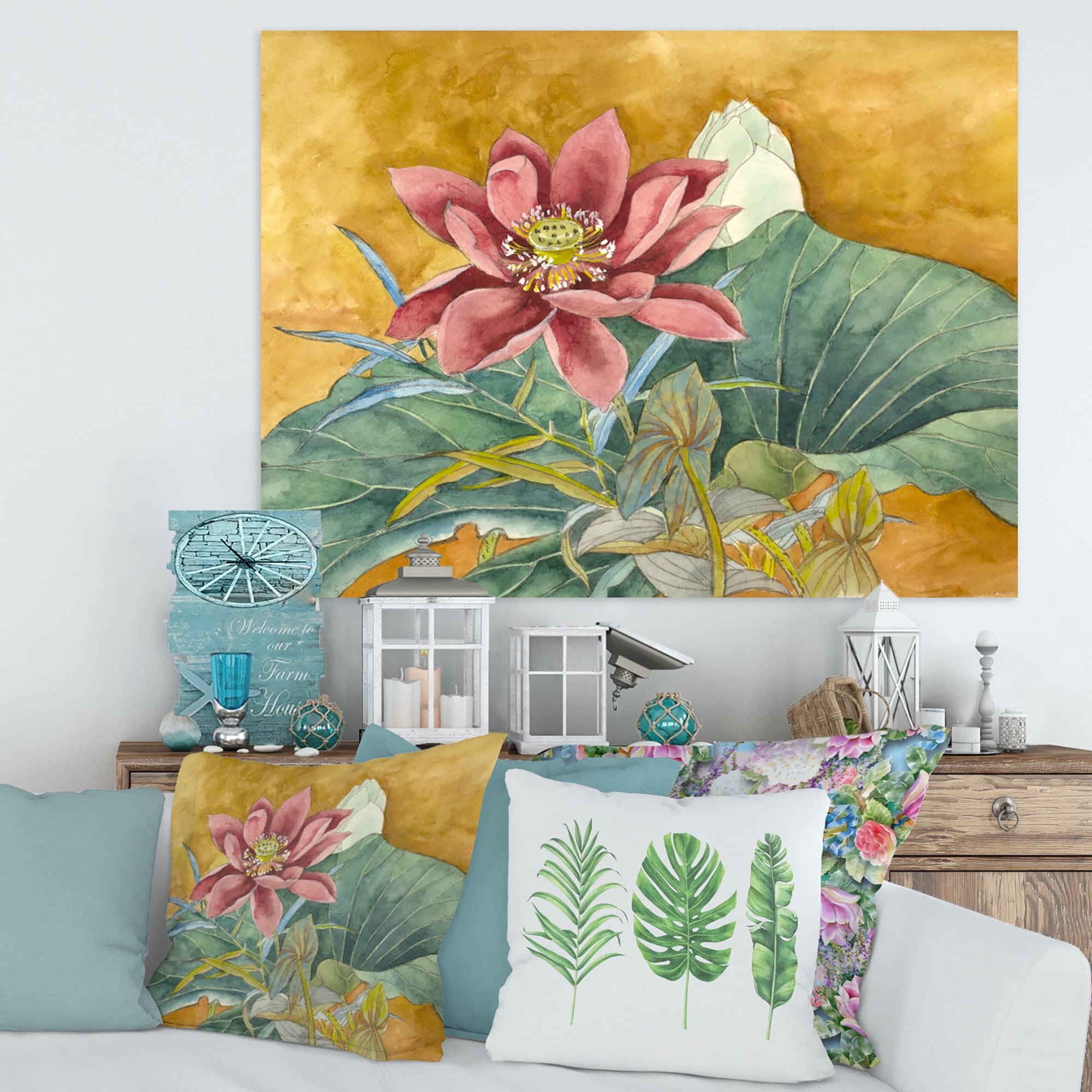 Designart ' Ancient Impression of Pink Lotus ' Traditional Canvas Wall Art Print
