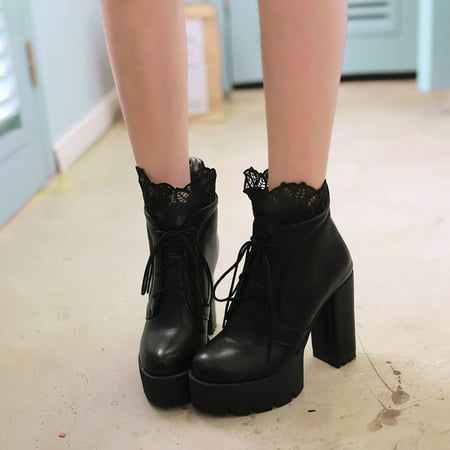 

symoid Womens Boots- High-heeled Short Boots Lace-up Thick-heeled Shoes Lace Trim Black 41