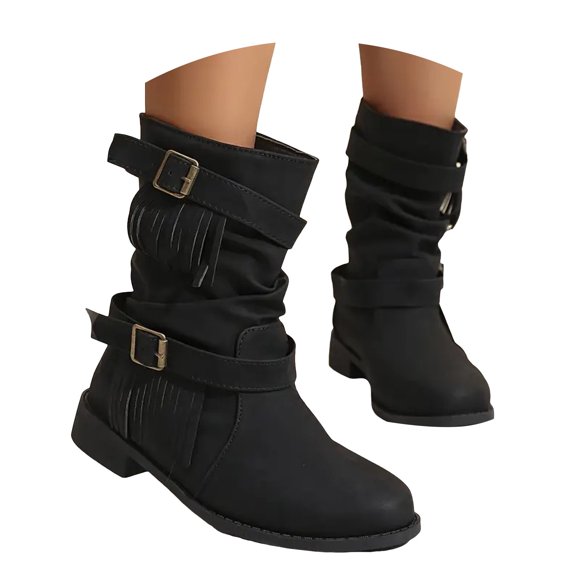 Mepaouo Women's Fringe Mid Calf Boots Western Cowgirl Cowboy Riding Booties Tassel Buckles Slouchy Boots