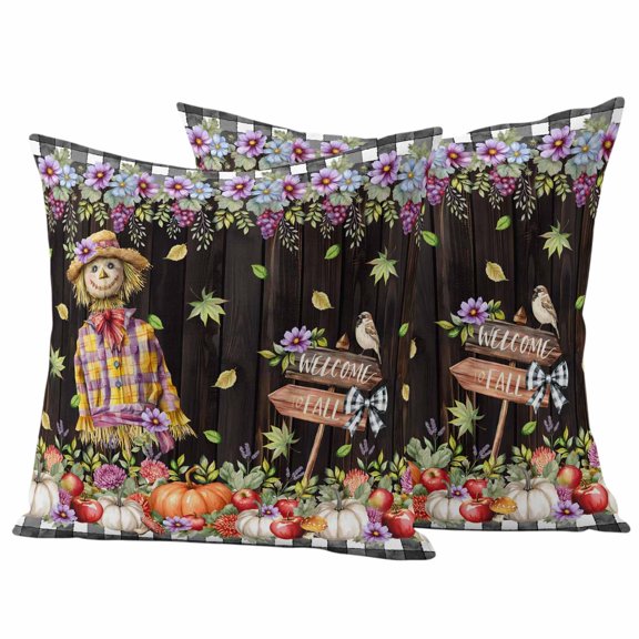 Pumpkins Fall Outdoor Waterproof Pillow Covers, Autumn Leaves Thanksgiving Flowers Rustic Wood Decorative Square Throw Pillowcase Sofa Cushion Sham for Patio/Couch/Chair, 20"x20" 2 Pack