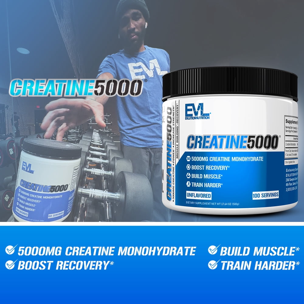 Evlution Nutrition Creatine 5000 - Supports Faster Recovery, Lean Muscle Growth & Performance - Pre & Post Workout Powder - 5000mg Pure Creatine Monohydrate Per Serving - 100 Servings - Unflavored