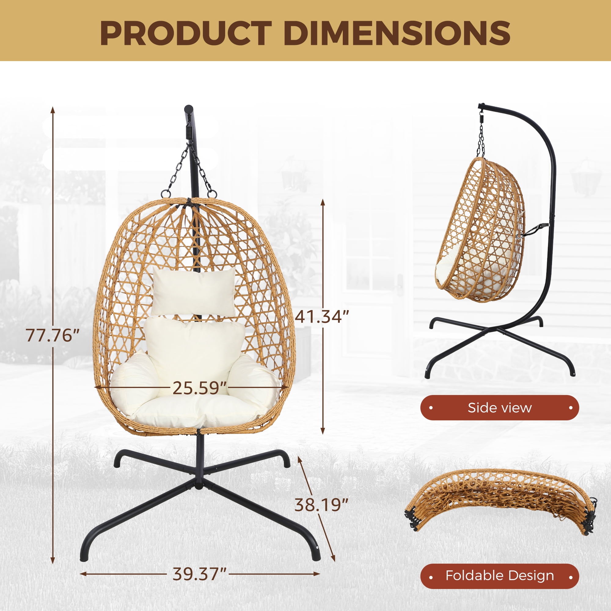 Wicker Egg Chair with Metal Stand, 350LBS Capacity Hanging Hammock Swing Chair, Ergonomic PE Rattan Lounge Chair Indoor Outdoor for Bedroom Balcony Patio Garden