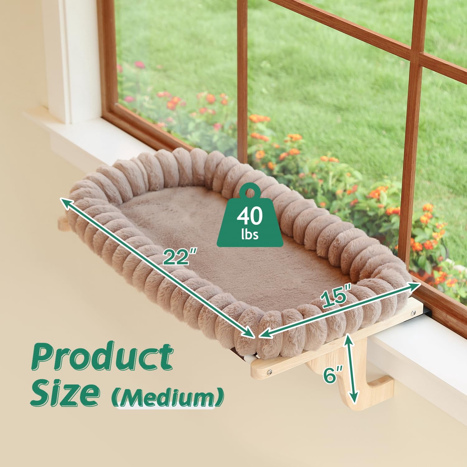Snugcloud Cat Window Perch With 4-sided Bolster - Hammock For Sill Solid Hardwood & Metal Frame Seat Pets (natural Color Wood W/brown Bed  Medium)