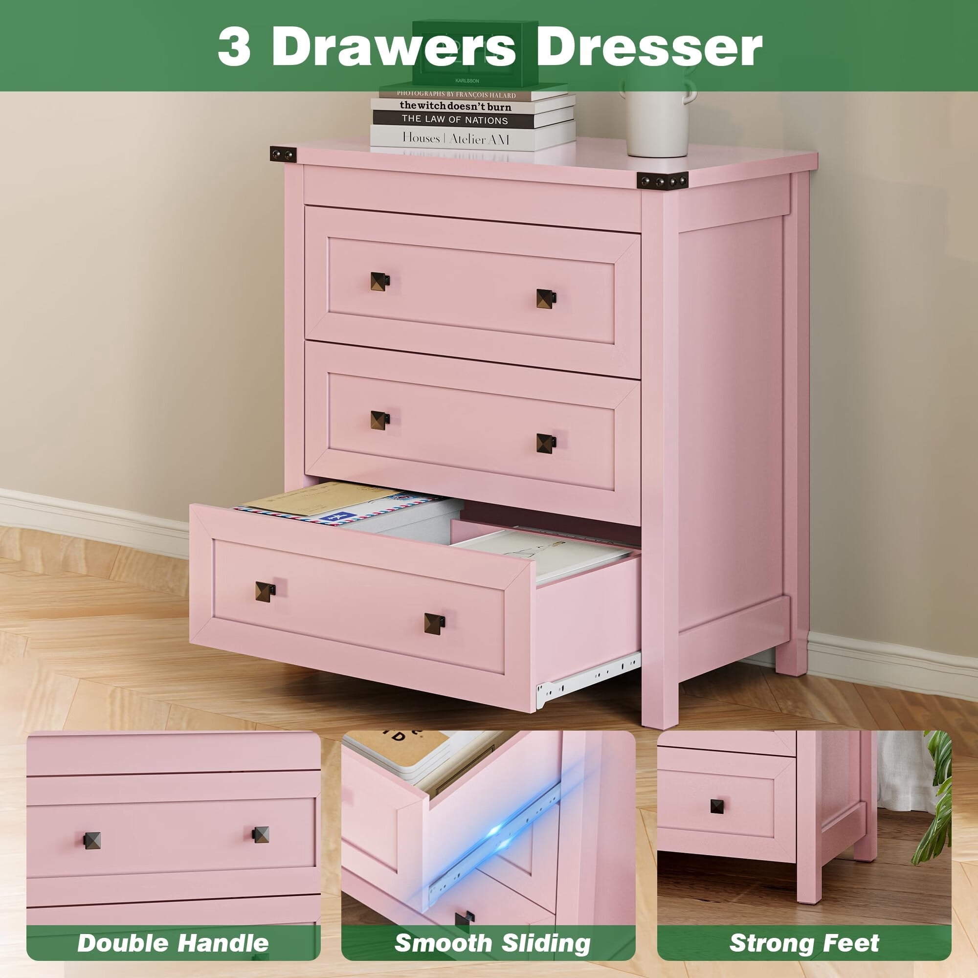FANRAL Nightstand Set of 2,3 Large Drawer,29.5" Tall Night Stand,27.5" Wide Side Table,Wood Bedside Table Modern End Table,Small Wide Dresser for Bedroom,Pink Nightstand