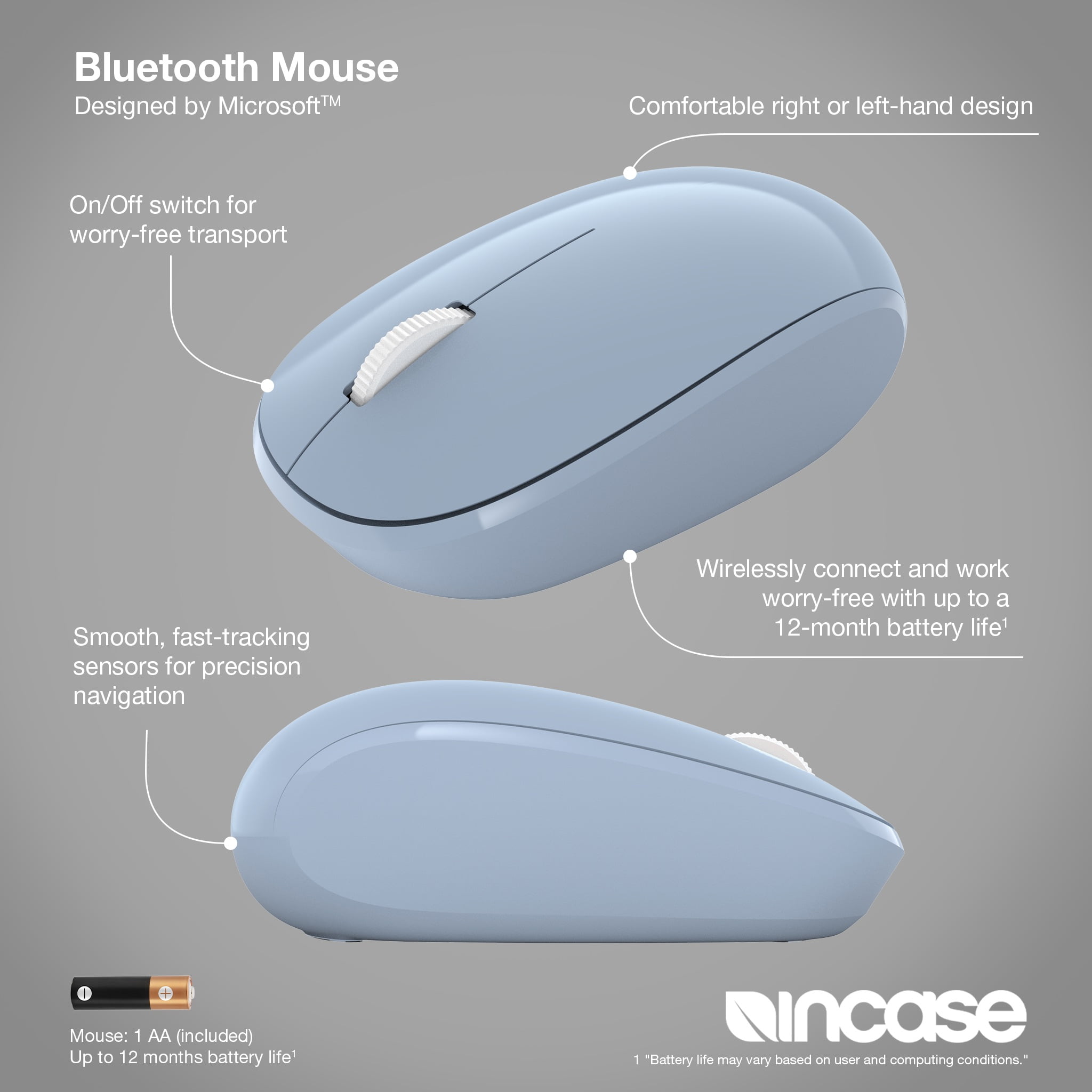 Incase Bluetooth Mouse - Designed by Microsoft - Compact, Comfortable, Right/Left Hand Use, 4-Way Scroll Wheel, Wireless Bluetooth Mouse for PC/Laptop/Desktop, Mac/Windows Computer - Pastel Blue