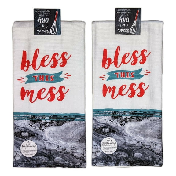 Set of 2 Wash 'N Dry BLESS THIS MESS Terry Kitchen Towels by Kay Dee Designs