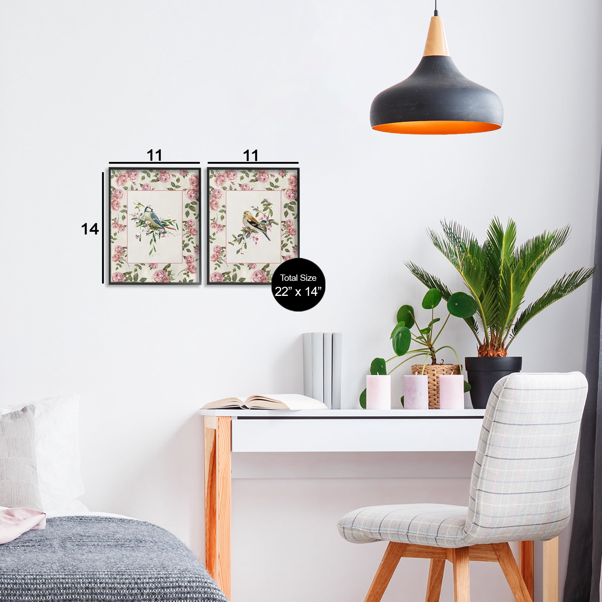 Stupell Industries Dainty Roses & Birds 2 Piece Black Framed Giclee Art Set, design by Sally Swatland